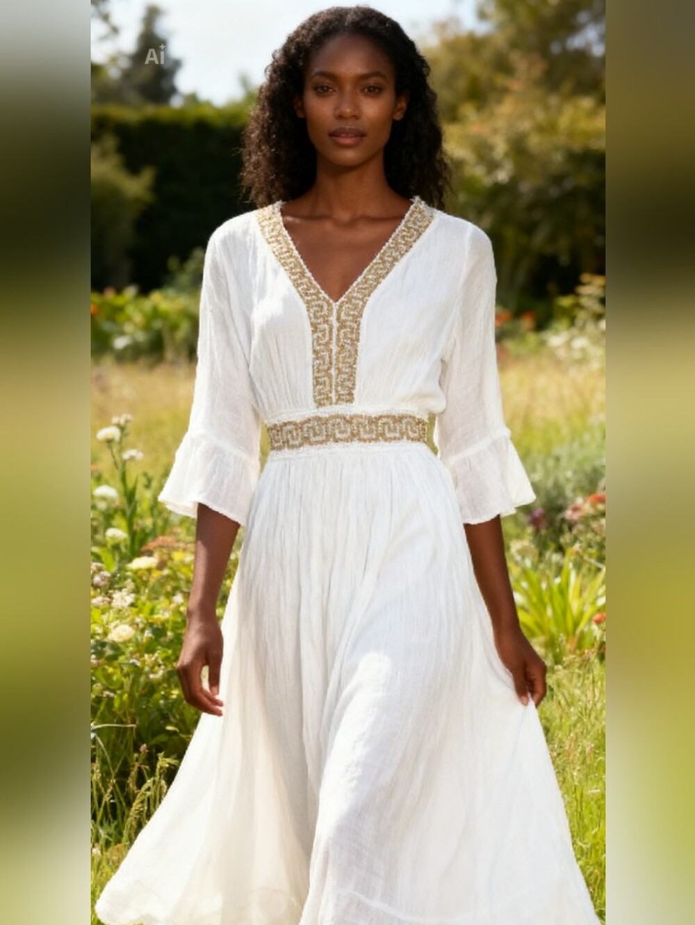 Vtg Greece size S/M Cotton Gauze Sheer Dress Flare Embroidered Resort Grecian